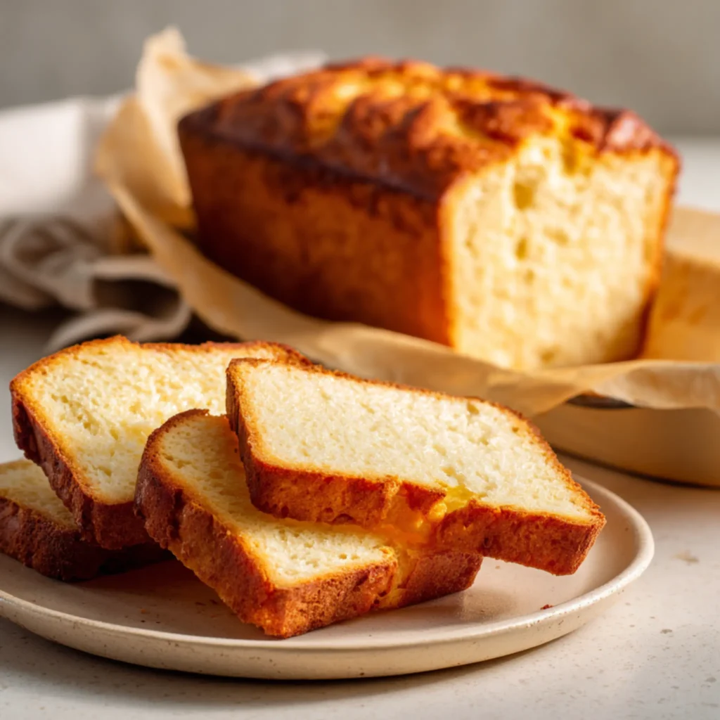 Zero carb yogurt bread slices stacked on a plate