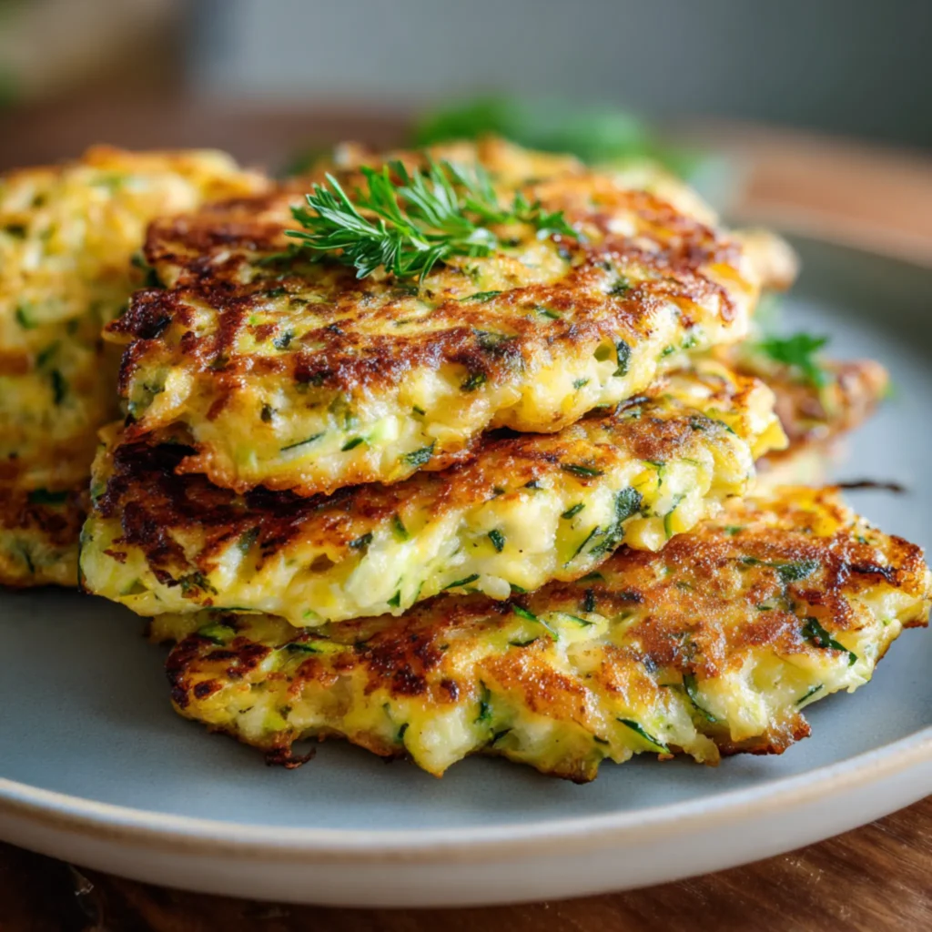 Crispy zucchini fritters stacked on a plate with herbs and a creamy dipping sauce
