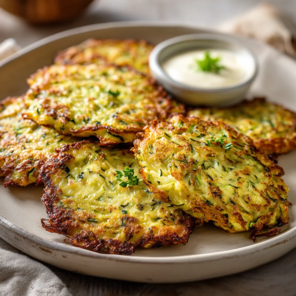 Homemade zucchini fritters stacked on a plate with a golden crust and fresh herbs