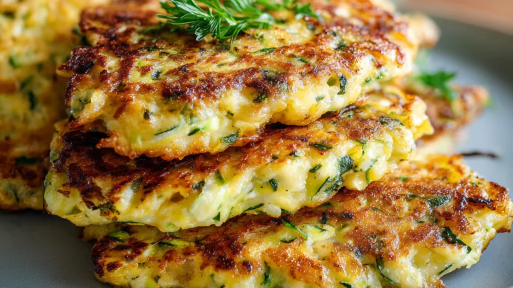 Golden zucchini fritters cooked until crisp and served warm with a creamy dipping sauce