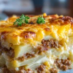 Cheesy hamburger potato casserole layered with seasoned ground beef and tender sliced potatoes
