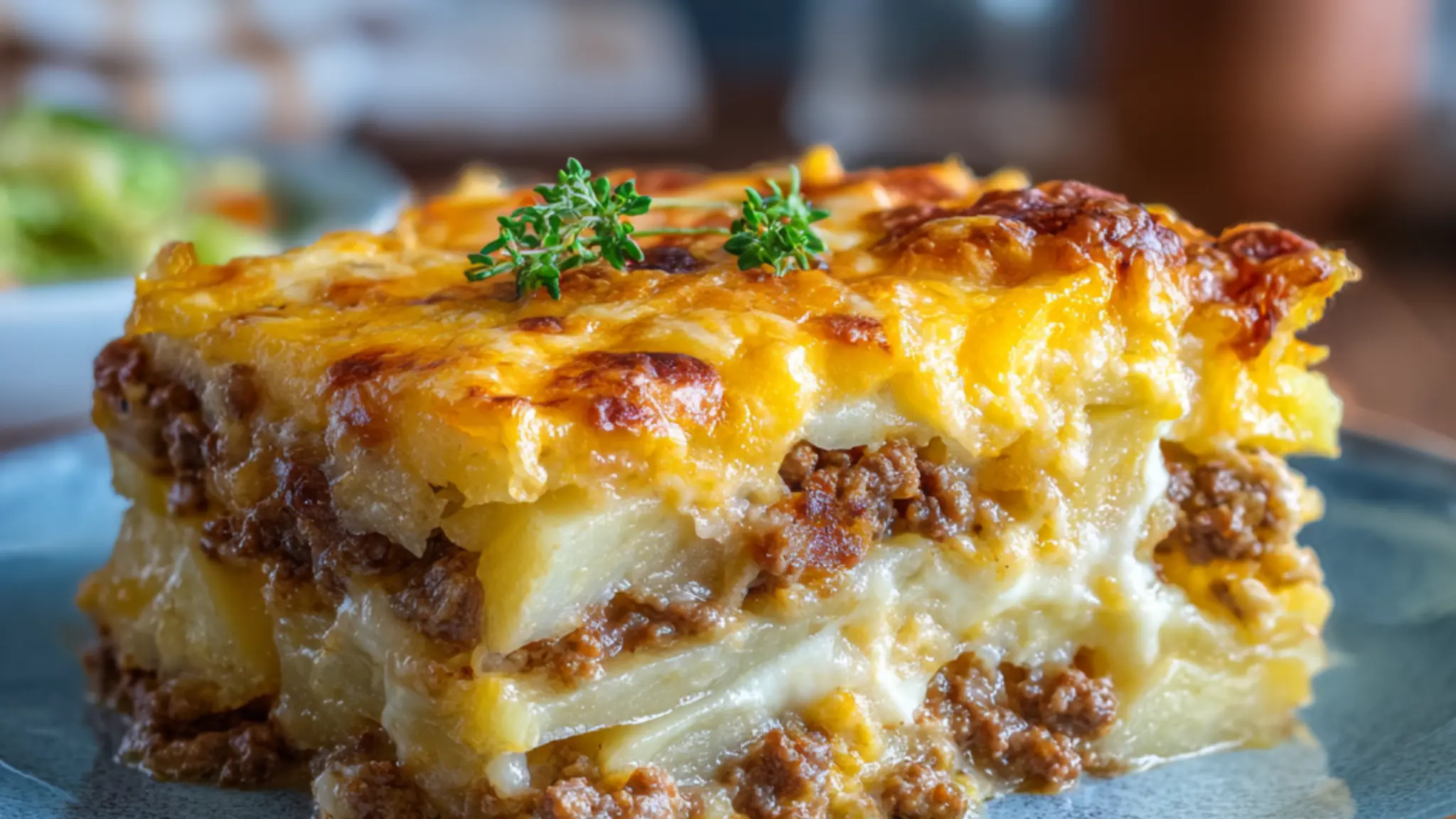 Cheesy hamburger potato casserole layered with seasoned ground beef and tender sliced potatoes