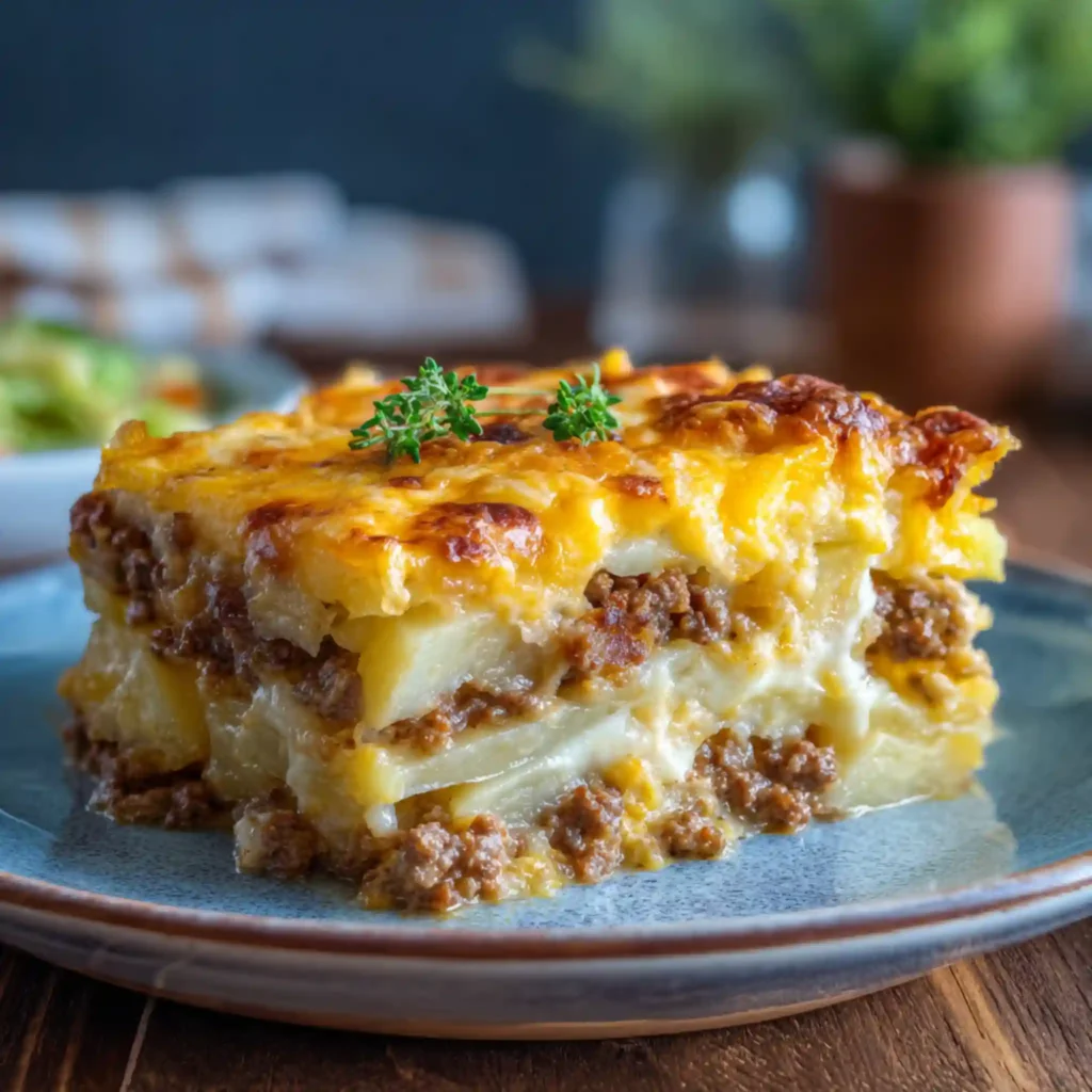 Slice of cheesy hamburger potato casserole served on a plate