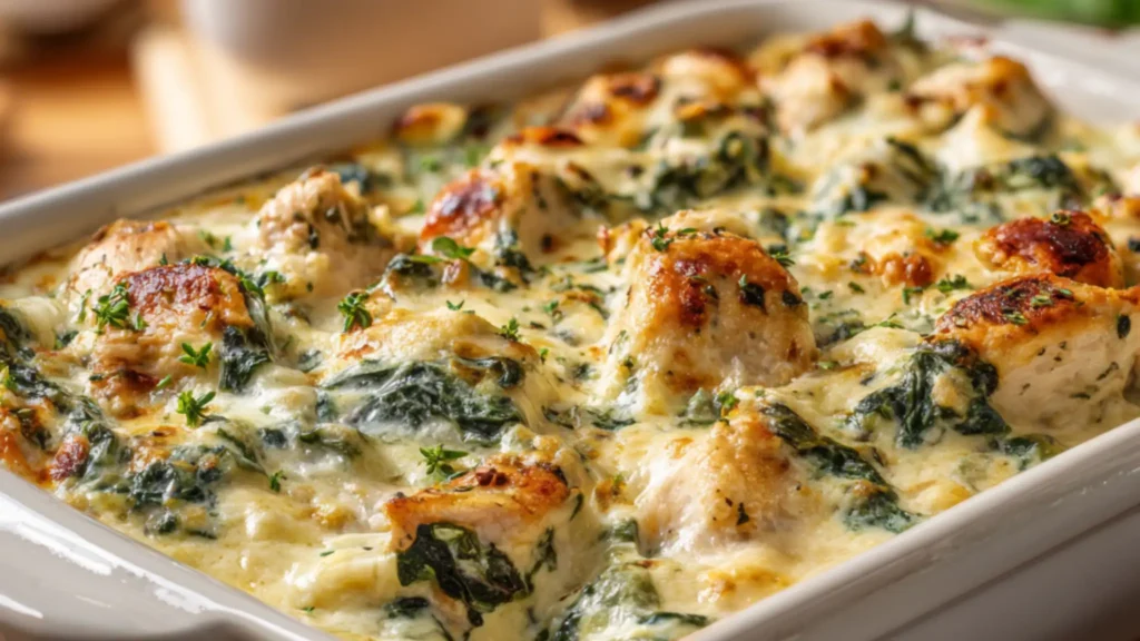 creamy chicken and spinach casserole baked with melted cheese