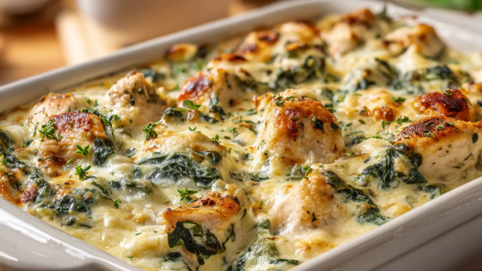 creamy chicken and spinach casserole baked with melted cheese