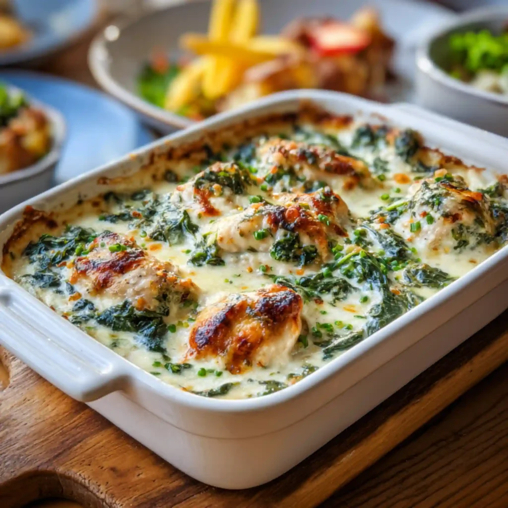 golden baked chicken spinach casserole in white baking dish