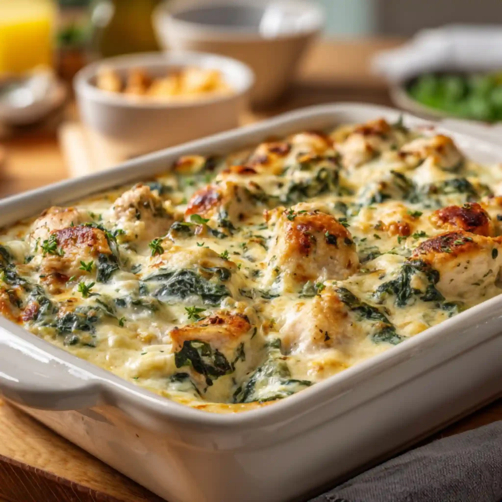 baked chicken spinach casserole with creamy sauce and melted cheese