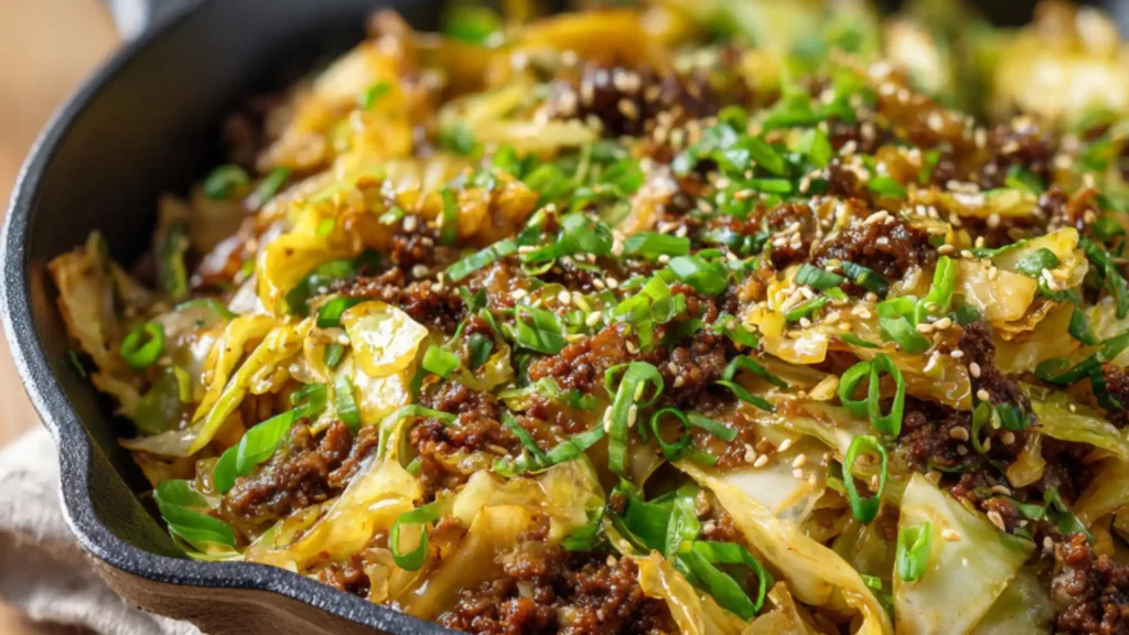 Mongolian ground beef and cabbage stir fry in black skillet with green onions