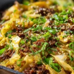 Mongolian ground beef and cabbage stir fry in black skillet with green onions