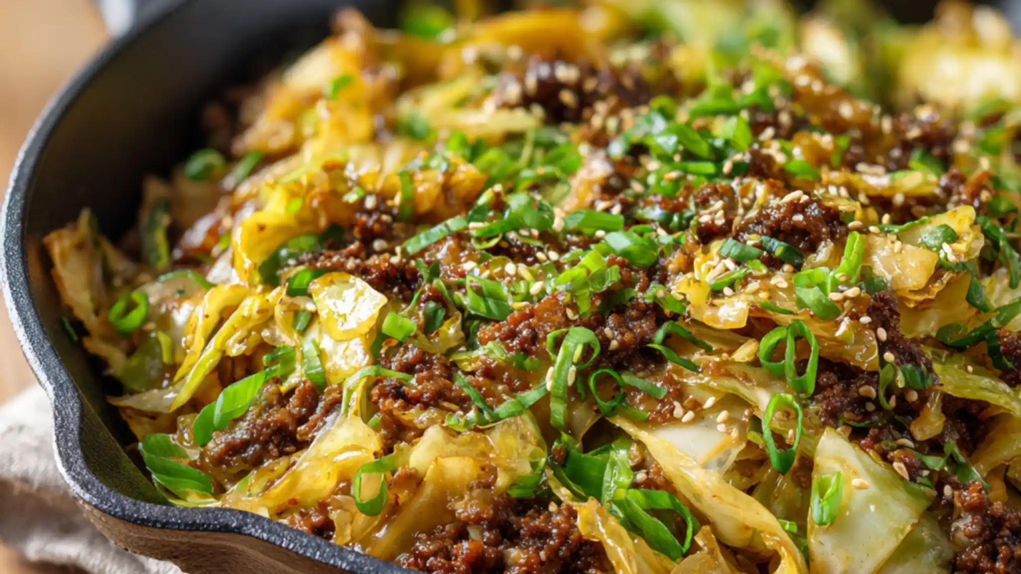 Mongolian ground beef and cabbage stir fry in black skillet with green onions