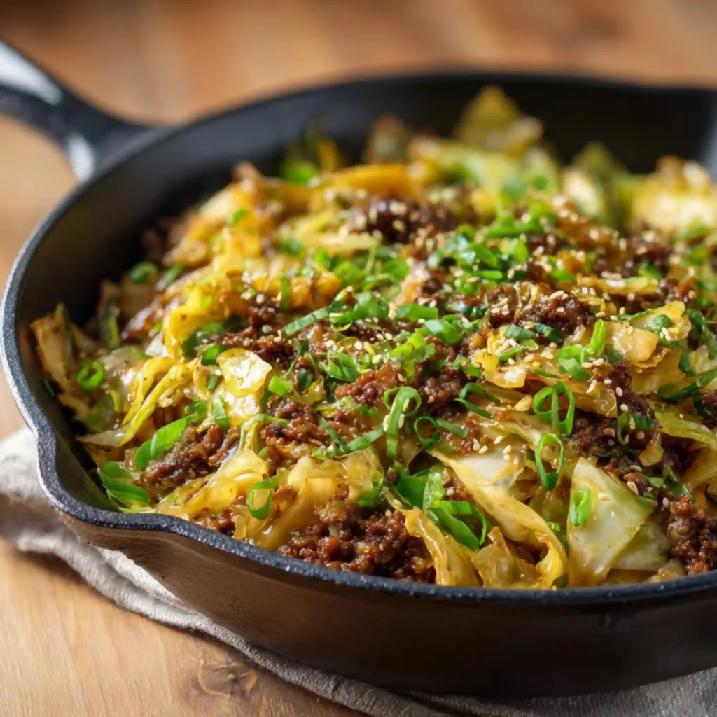 Ground beef cabbage stir fry with sesame seeds and scallions