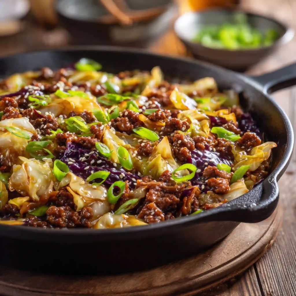 Asian-inspired ground beef and cabbage in skillet with green onion