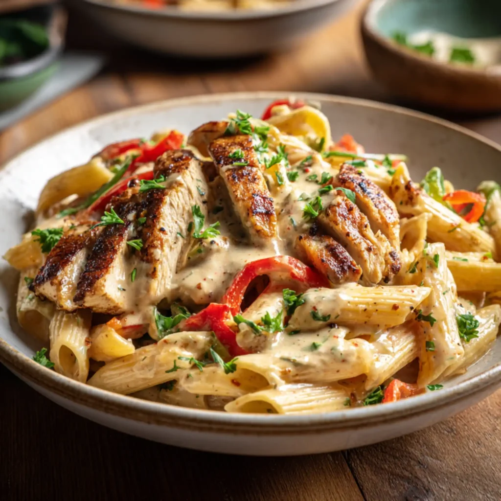 Creamy chicken penne pasta with Cajun seasoning and parsley