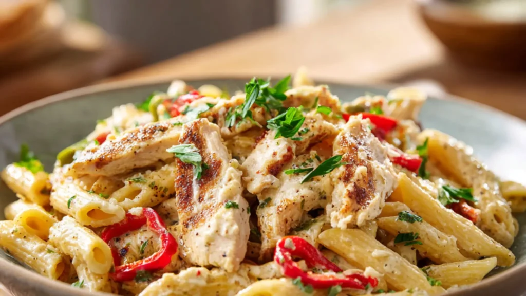 Creamy rattlesnake pasta with grilled chicken, red peppers, and Cajun sauce