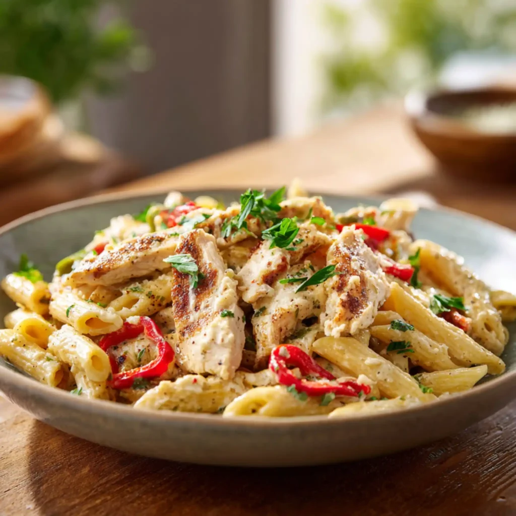 Cajun chicken pasta with creamy sauce and sliced red peppers