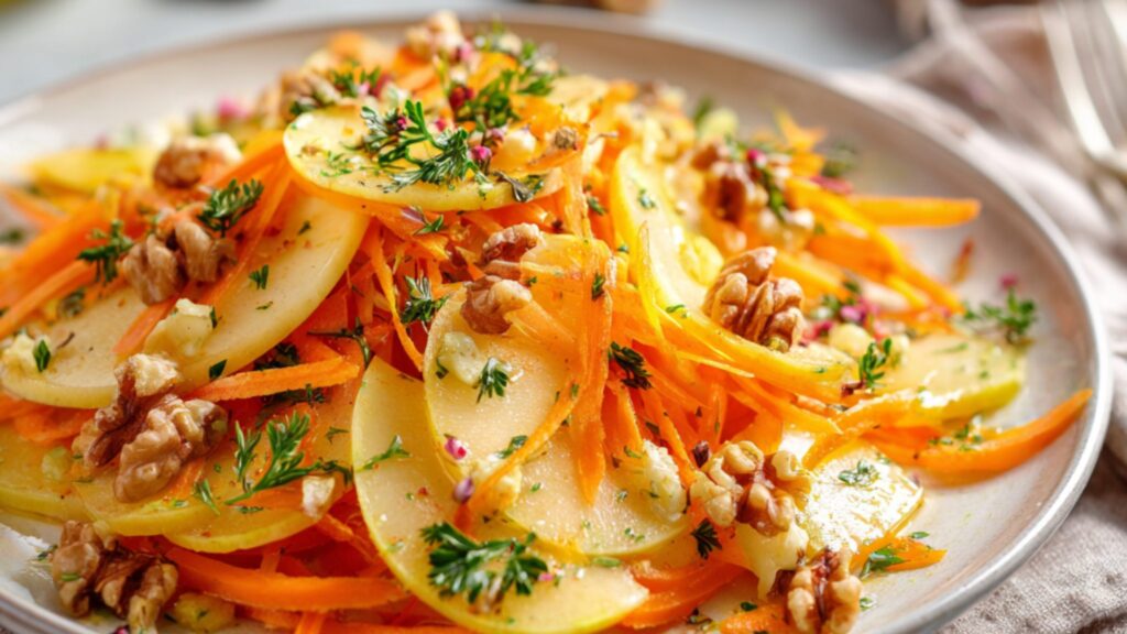 crunchy apple carrot salad with walnuts fresh herbs and light dressing