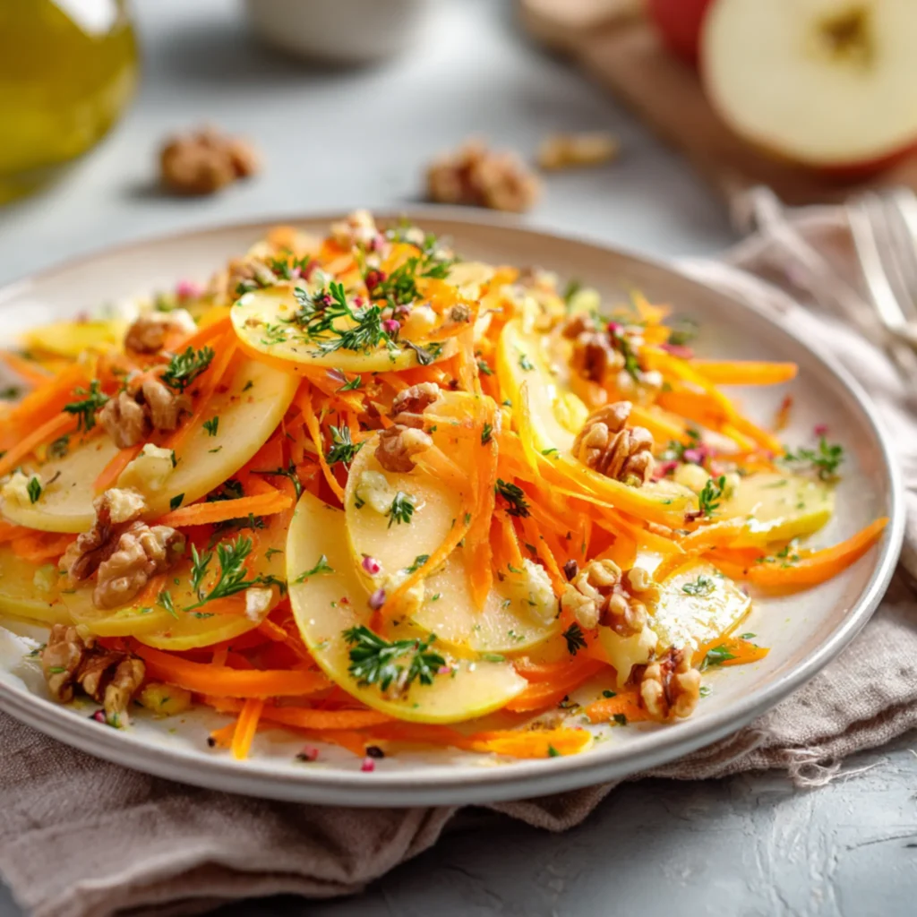 healthy apple carrot salad bowl with nuts and herbs