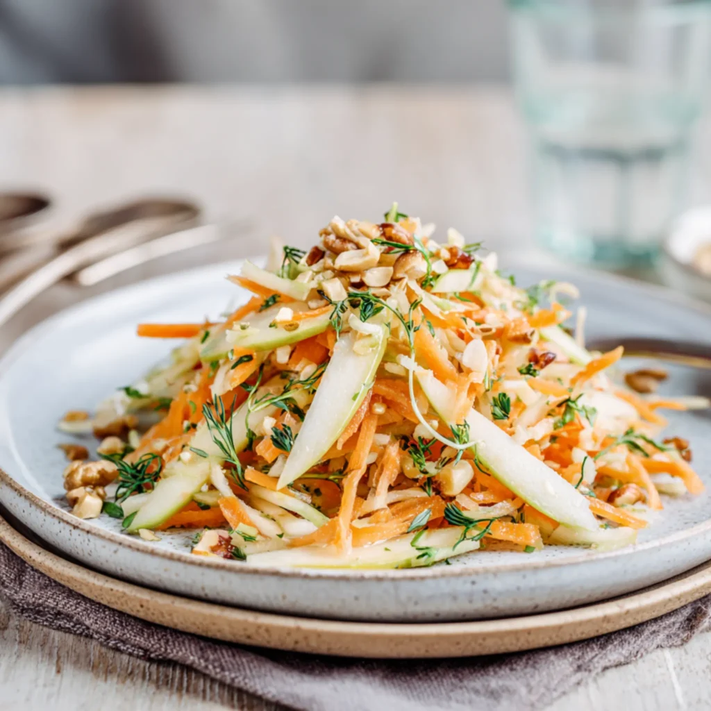 shredded carrot apple salad with nuts herbs and light dressing