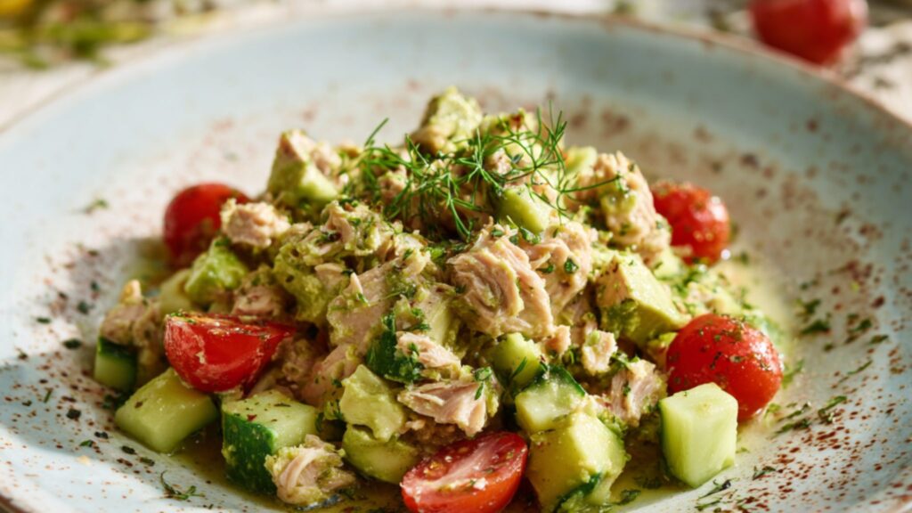 creamy avocado tuna salad with cucumber cherry tomatoes and fresh herbs