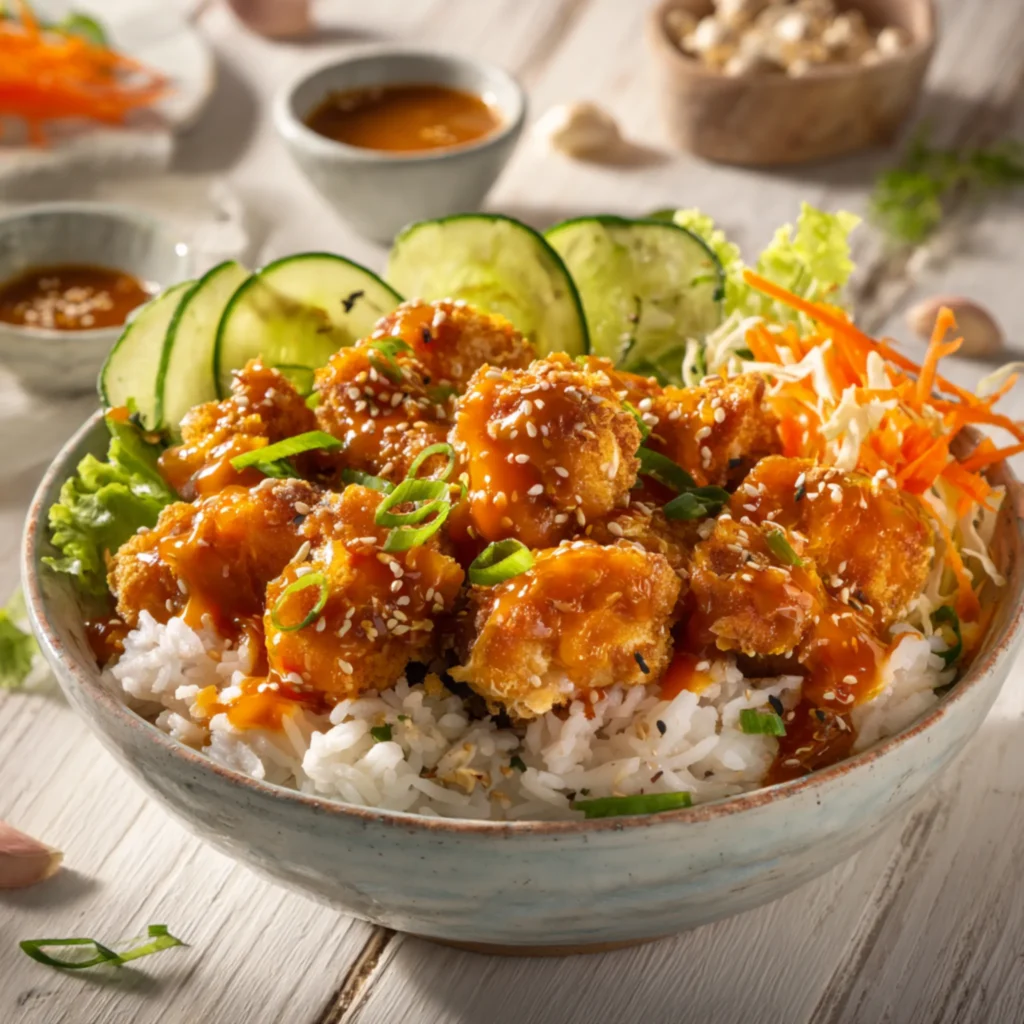 crispy chicken bowl with rice cucumber and carrots