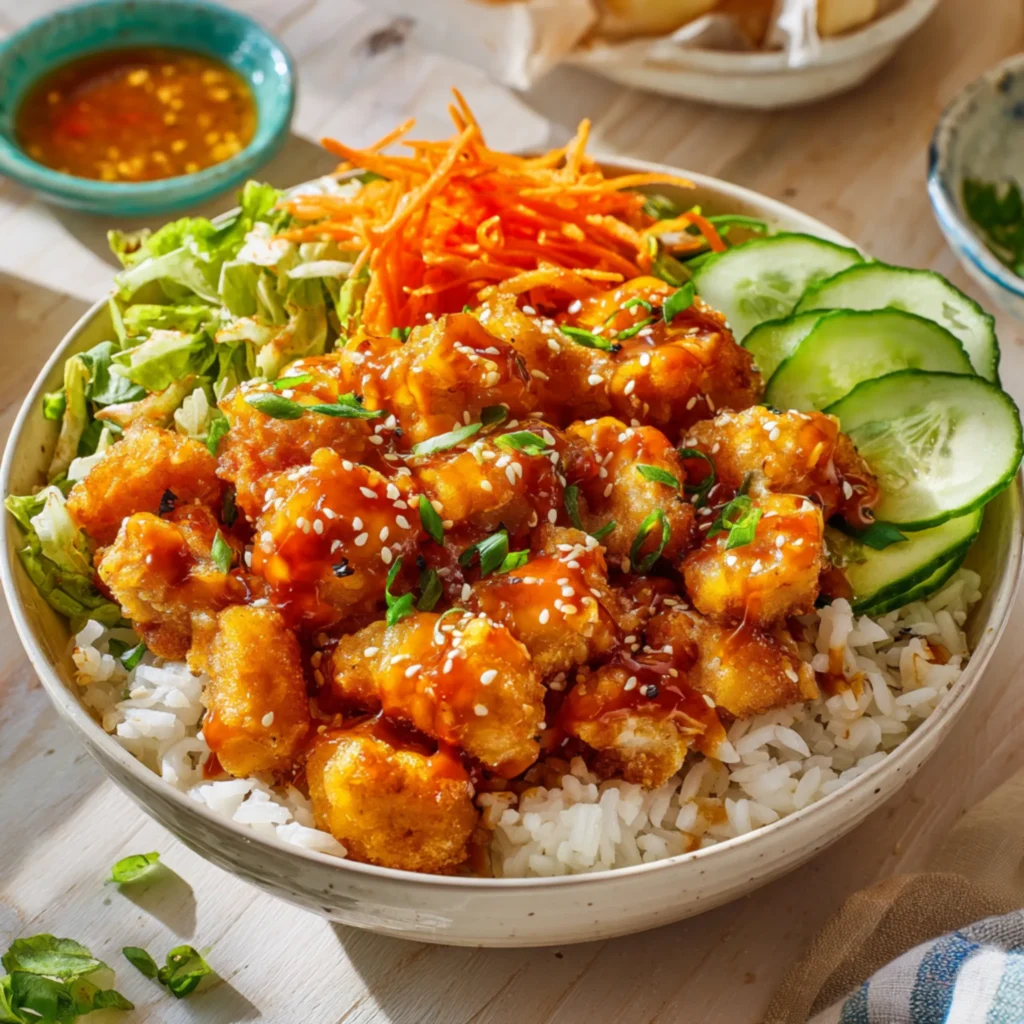 crispy chicken with sauce rice and fresh veg