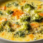 creamy broccoli cheddar soup with carrots and herbs