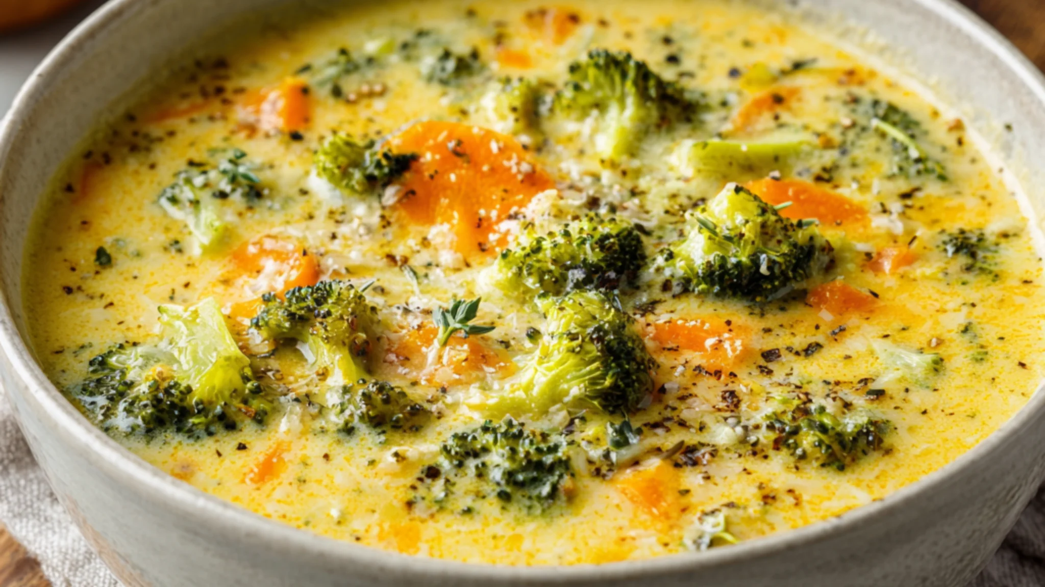 creamy broccoli cheddar soup with carrots and herbs