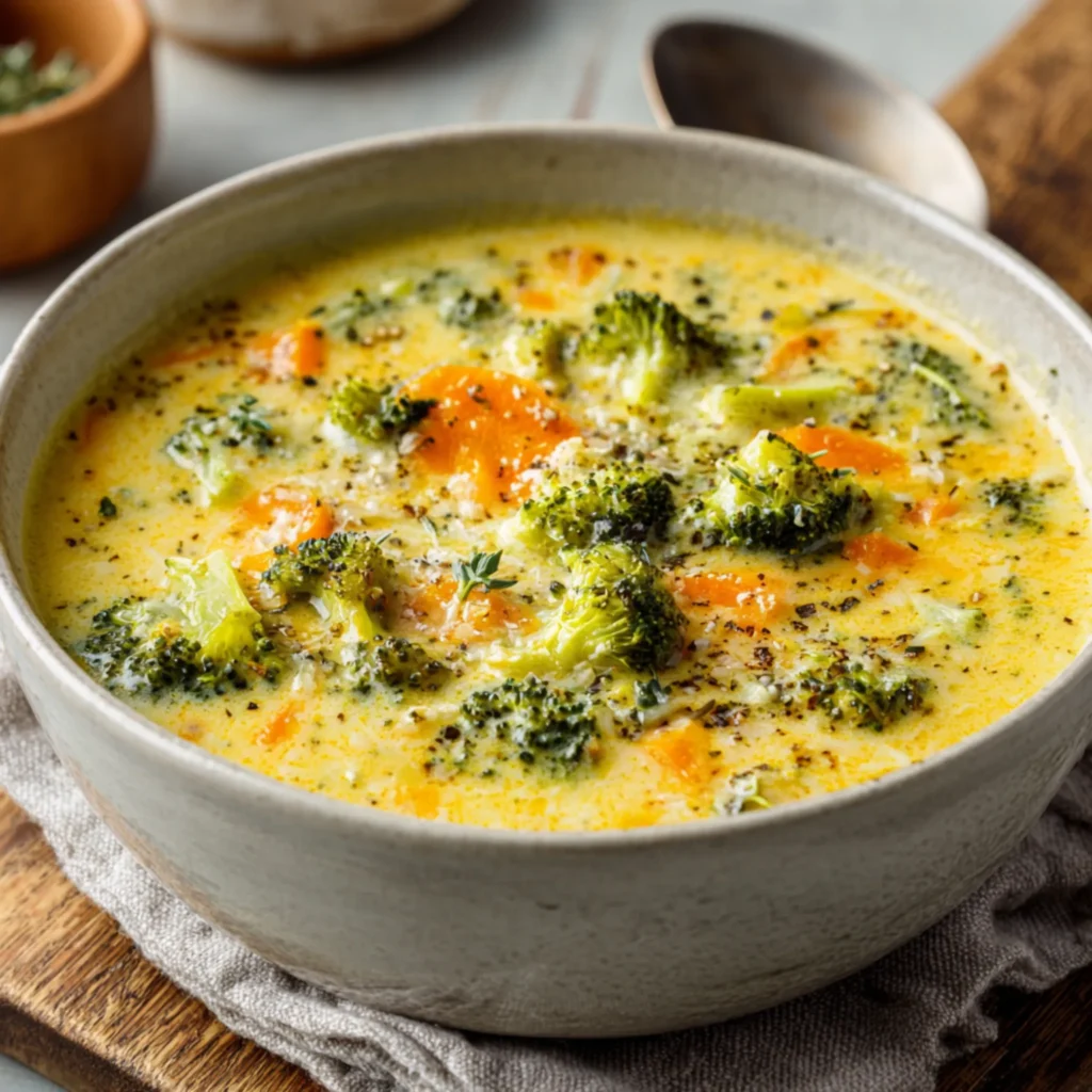 broccoli cheddar soup with creamy texture and melted cheese