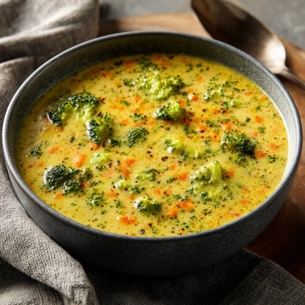 homemade broccoli cheddar soup with rich cheese flavor