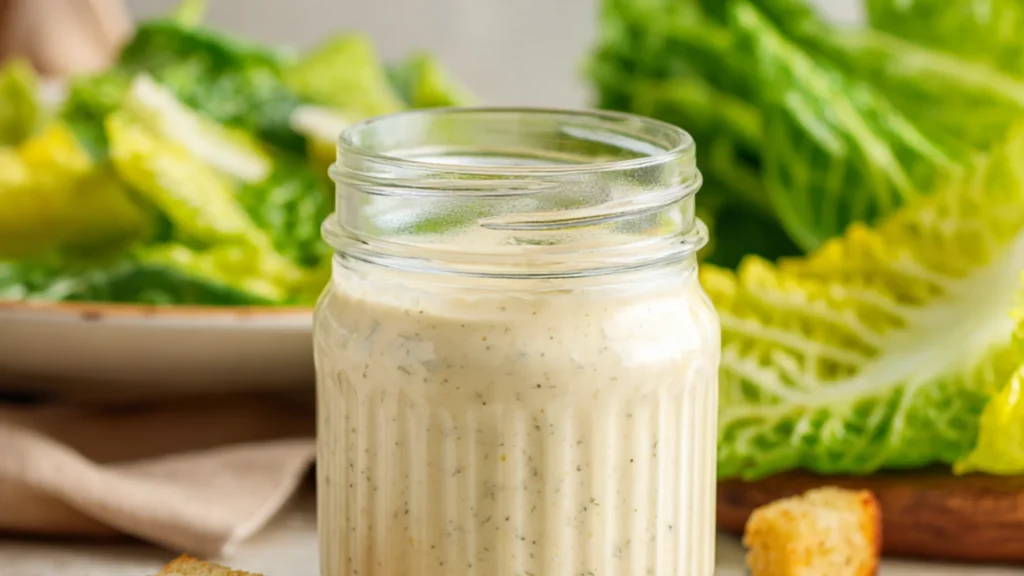 Creamy Caesar dressing in a jar with lettuce and croutons