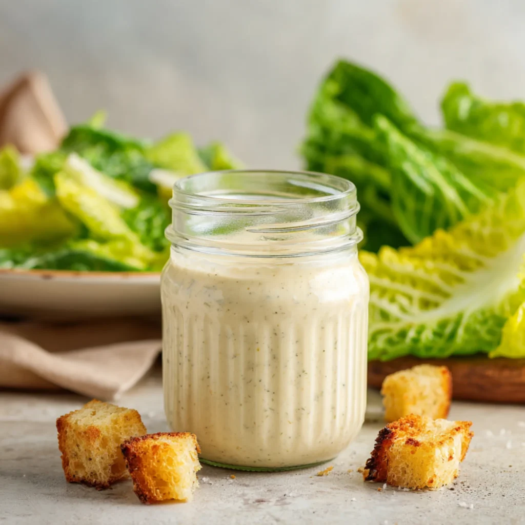 Homemade Caesar dressing with herbs served with fresh salad ingredients