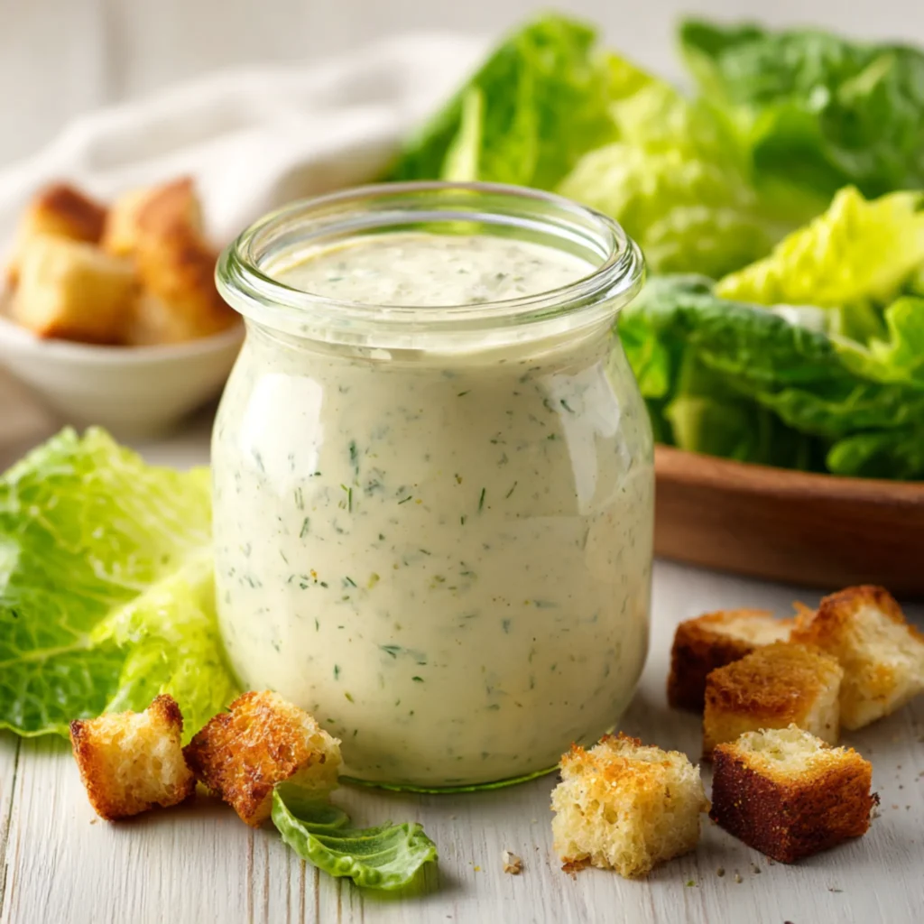 Thick Caesar dressing in a jar with croutons and fresh lettuce