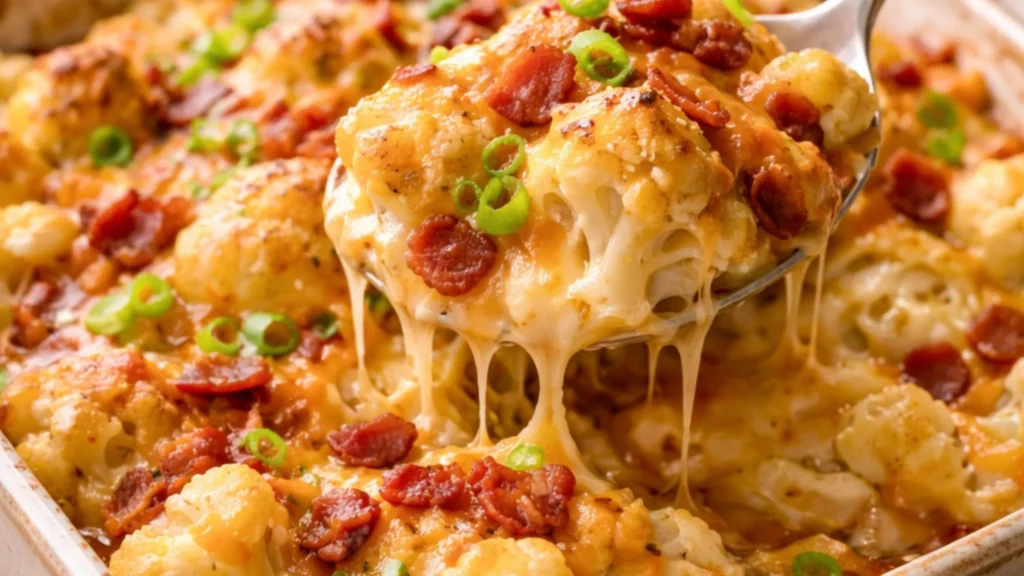 cheesy cauliflower casserole with melted cheese and crispy topping served in a baking dish