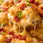 cheesy cauliflower casserole with melted cheese and crispy topping served in a baking dish