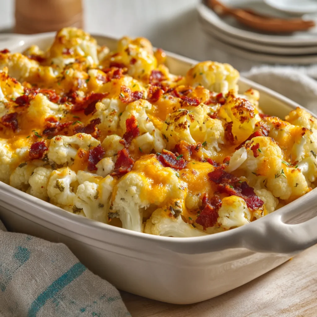 creamy cauliflower bake with melted cheese and herbs in a dish