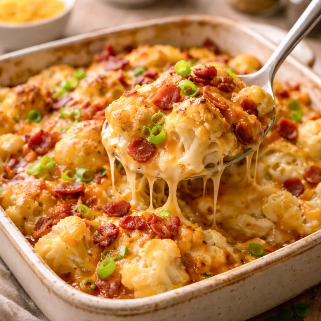 cauliflower casserole with melted cheese and toppings served in a baking dish