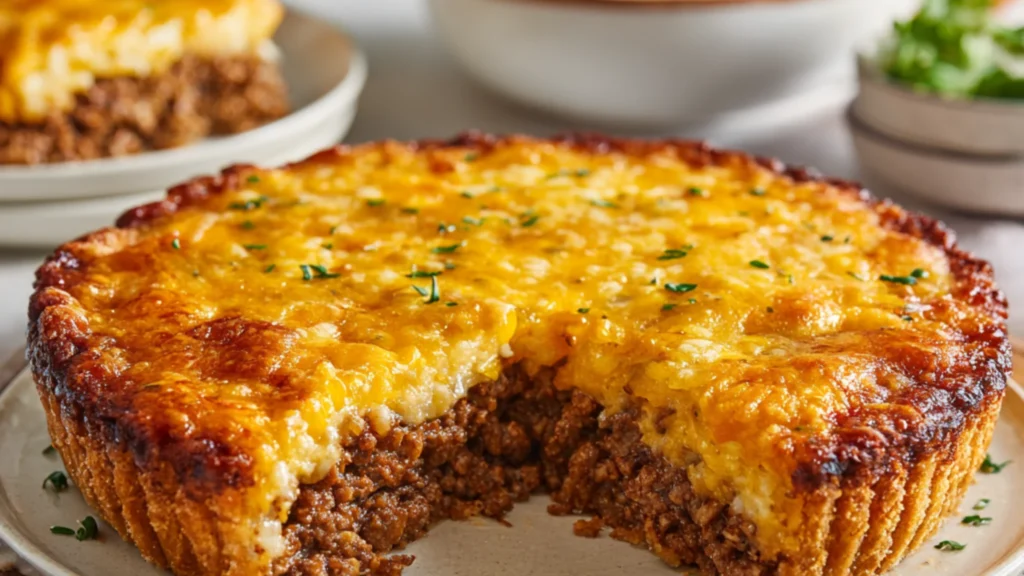 cheeseburger pie with melted cheddar and beef filling cut slice
