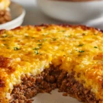 cheeseburger pie with melted cheddar and beef filling cut slice