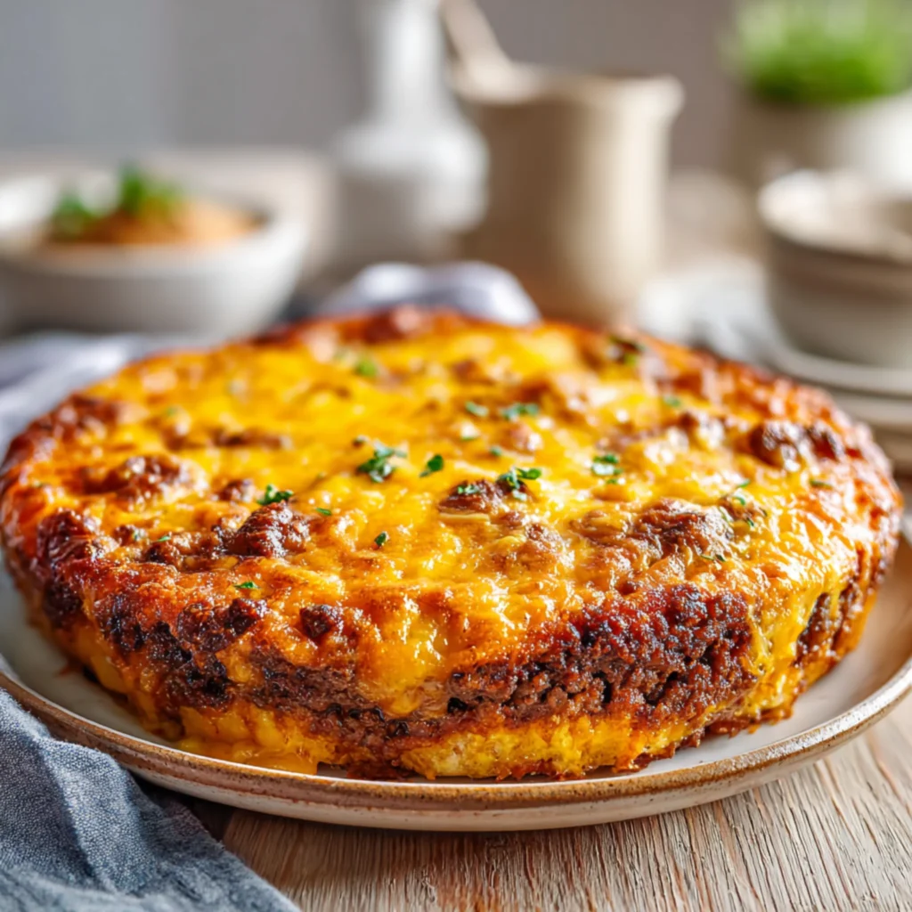 cheeseburger pie with golden cheese crust and beef layer