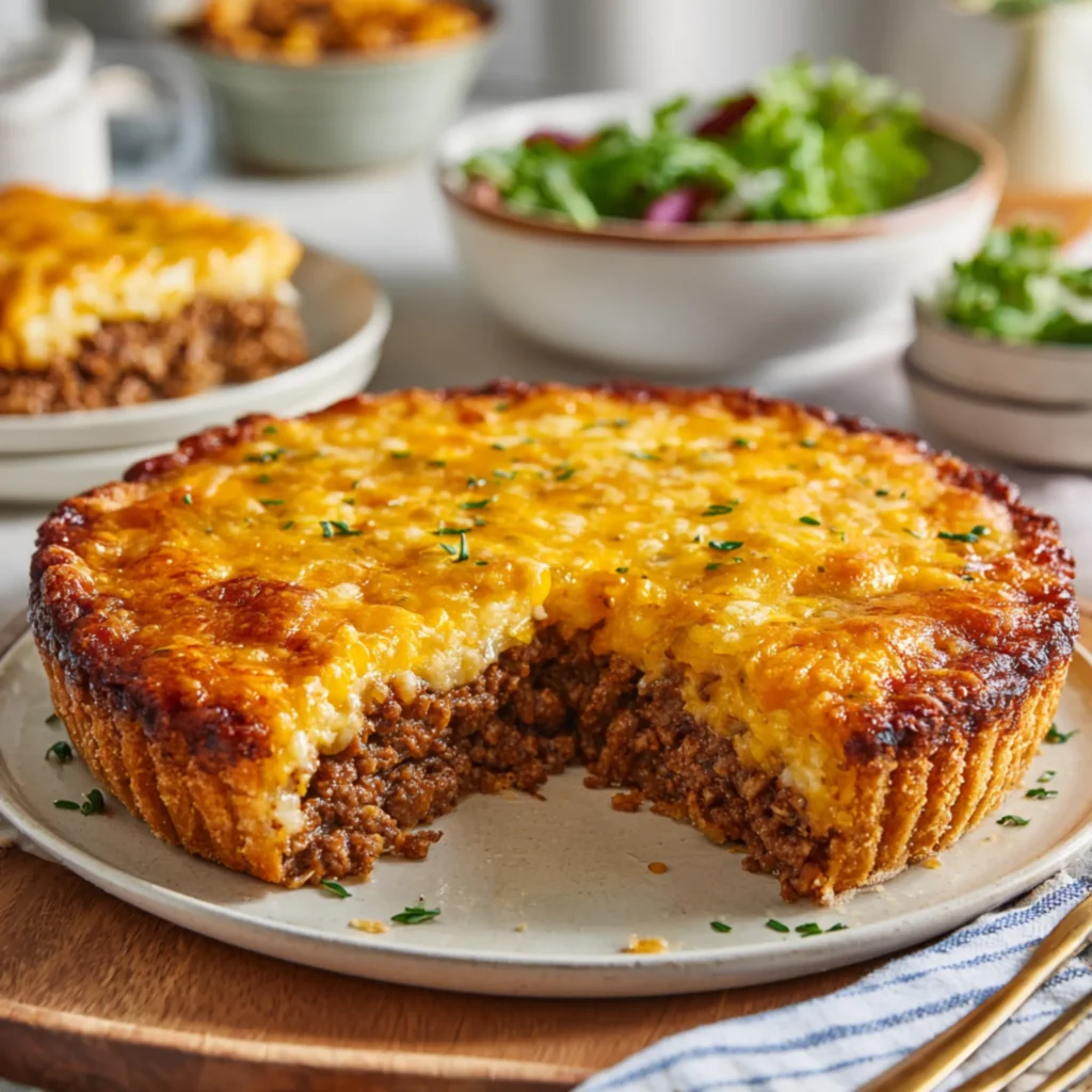 cheeseburger pie slice showing juicy beef and melted cheese
