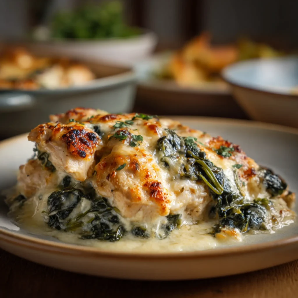 cheesy chicken spinach bake with creamy sauce and herbs
