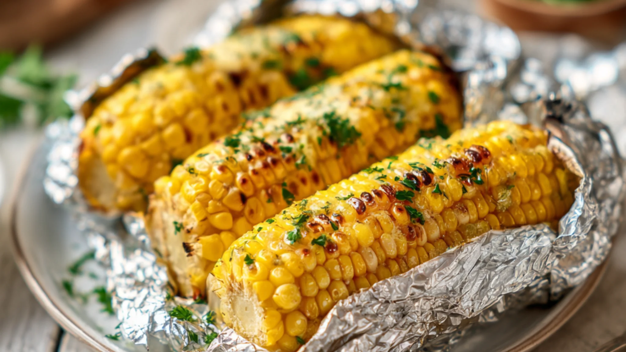 grilled corn on the cob in foil with butter and herbs
