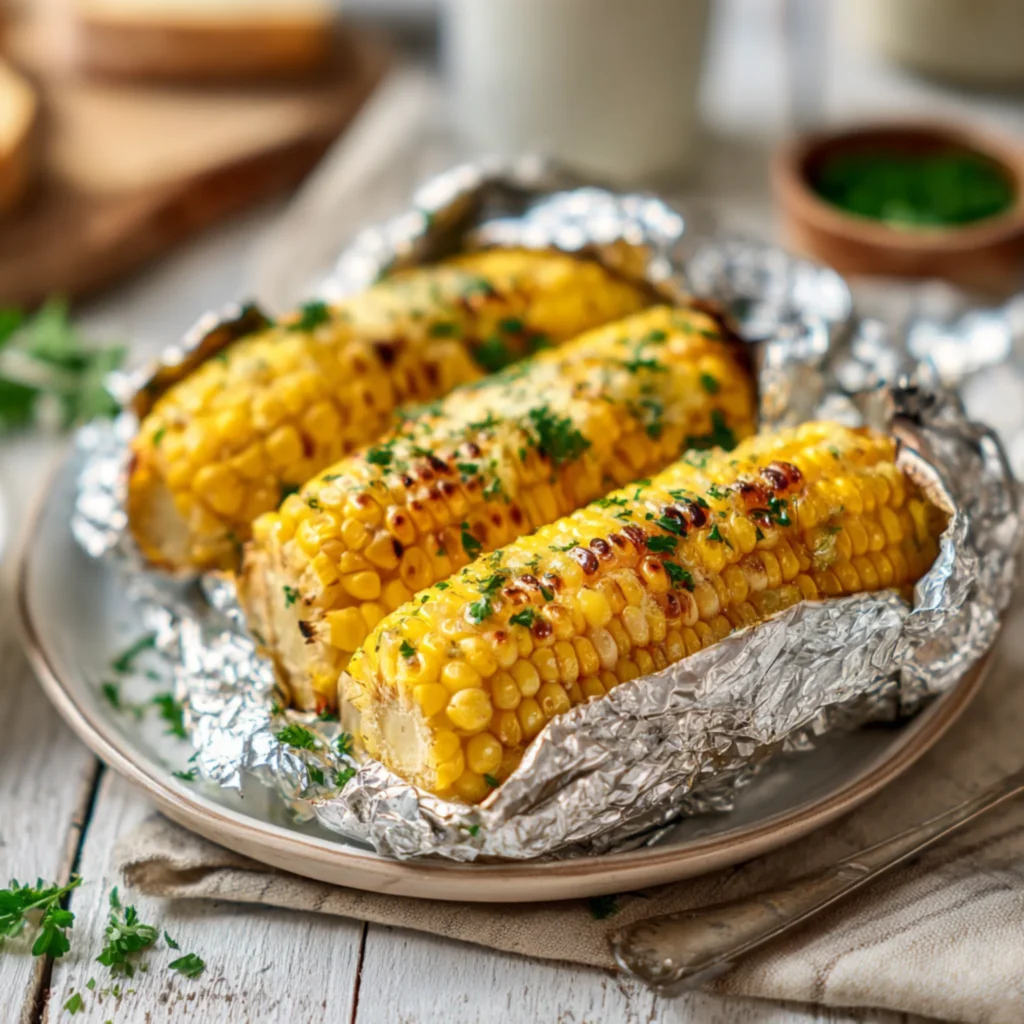 buttery grilled corn with herbs in foil