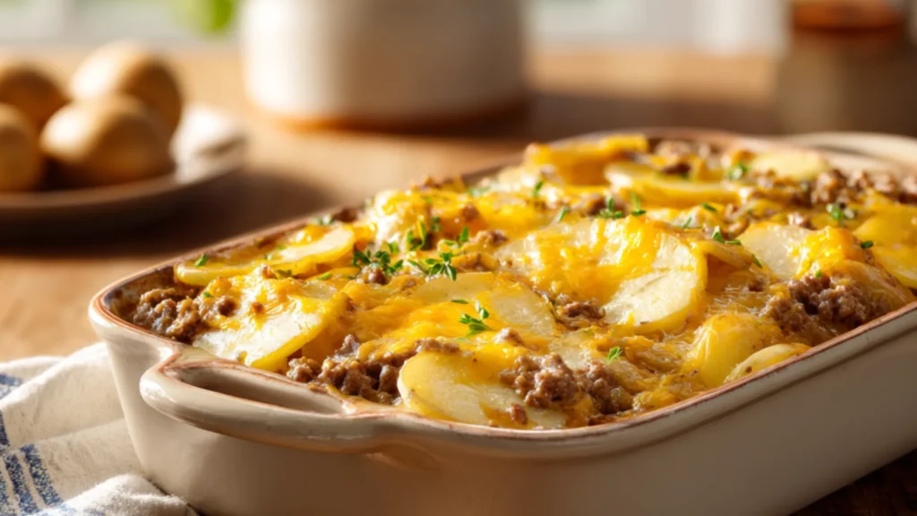 baked hamburger potato casserole with melted cheese and crispy potato slices