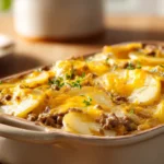 baked hamburger potato casserole with melted cheese and crispy potato slices