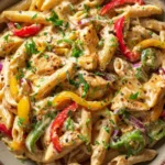 Creamy Cajun chicken pasta with penne, bell peppers and herbs