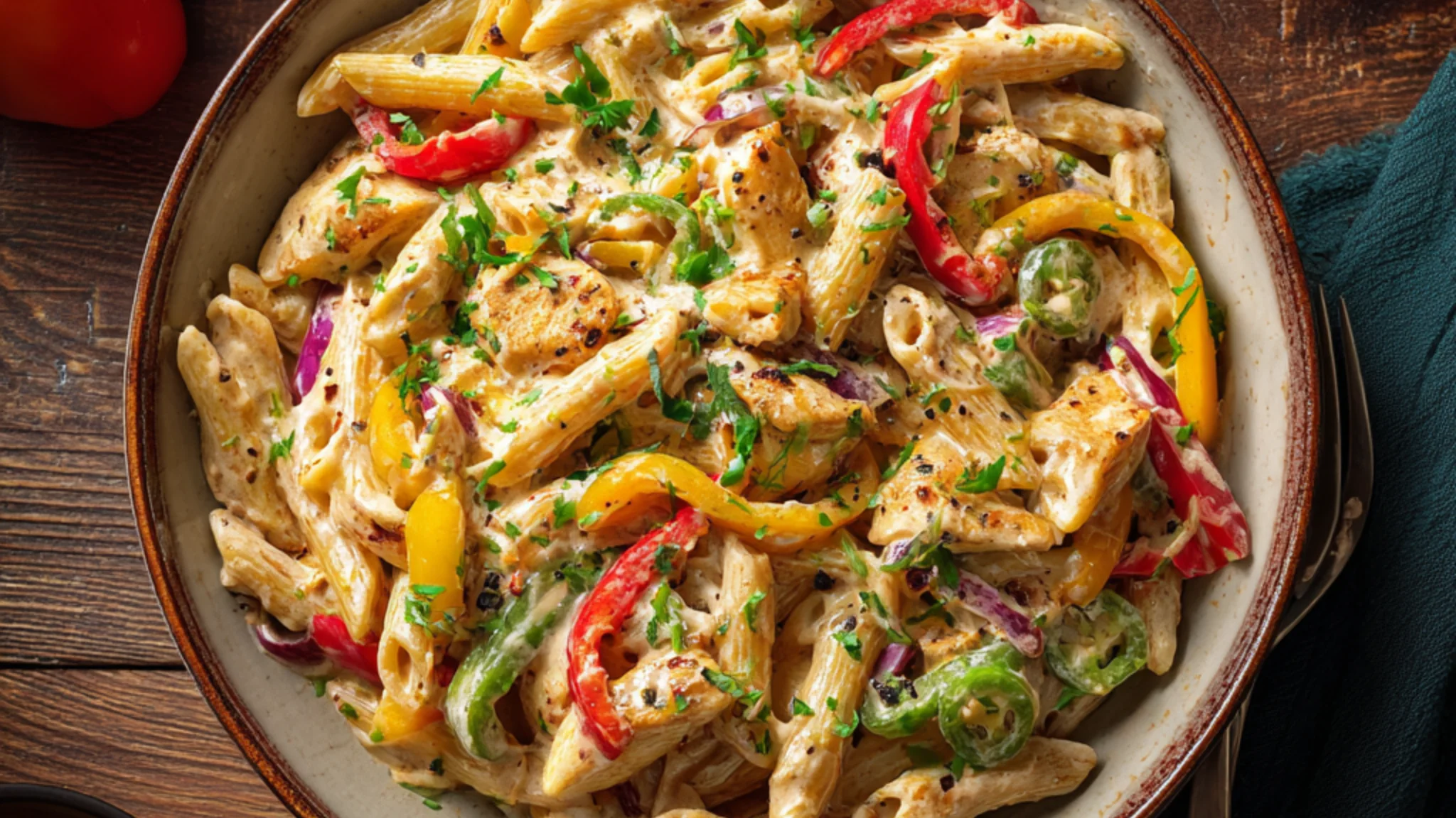 Creamy Cajun chicken pasta with penne, bell peppers and herbs