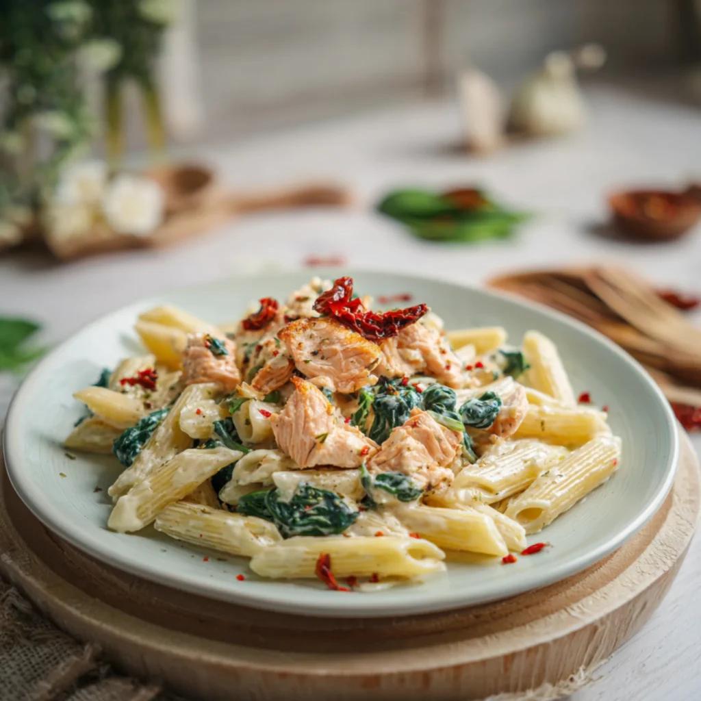 penne pasta with salmon spinach and creamy garlic sauce