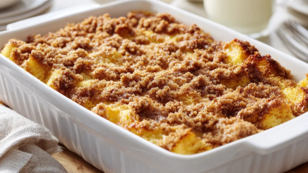 french toast bake with cinnamon crumble topping and golden edges