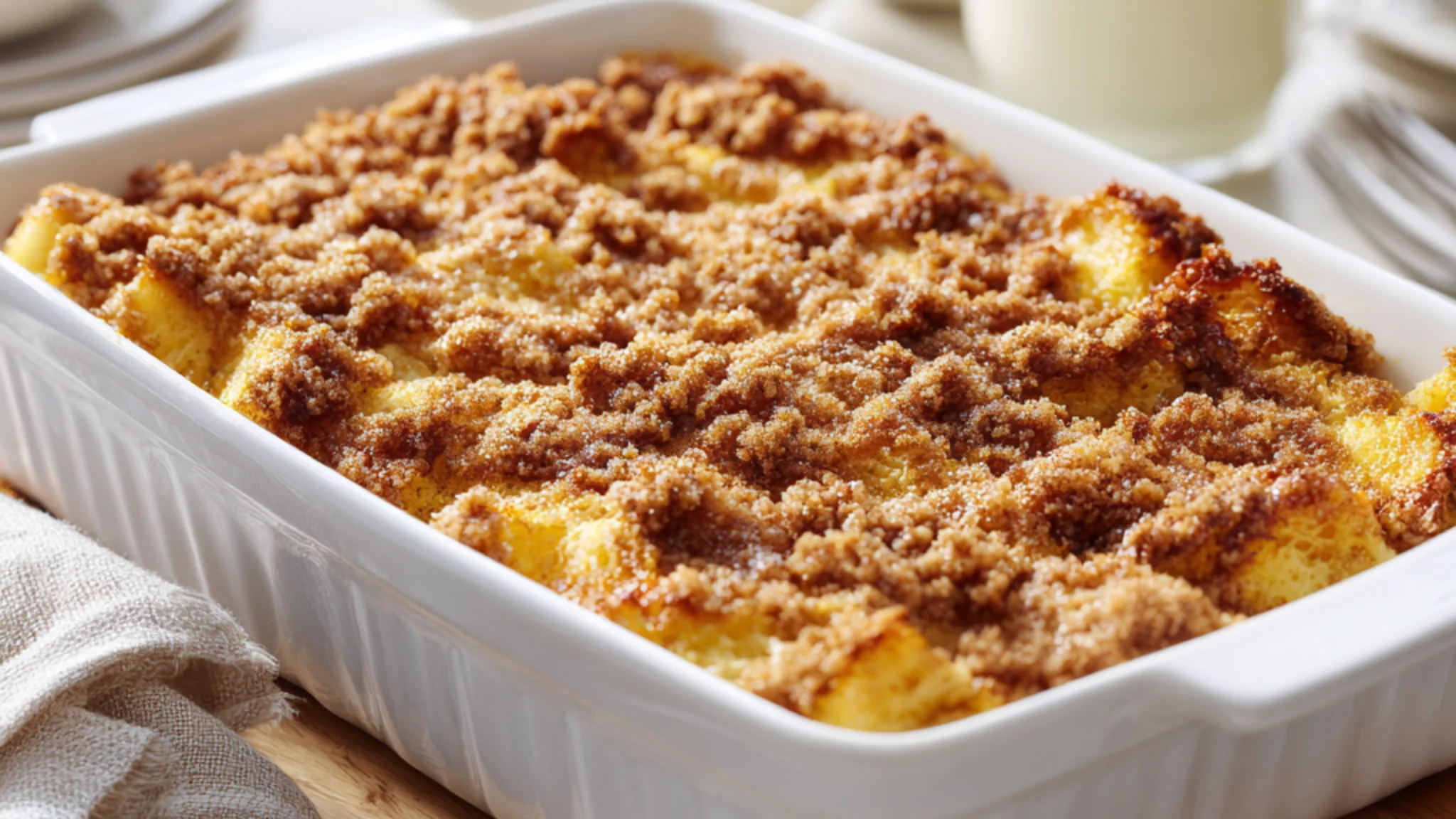 french toast bake with cinnamon crumble topping and golden edges